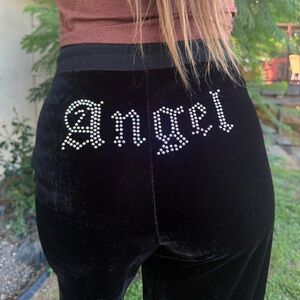 Medium Black Velour High Waisted Wide Leg Track Pants Angel Bedazzle Rhinestone